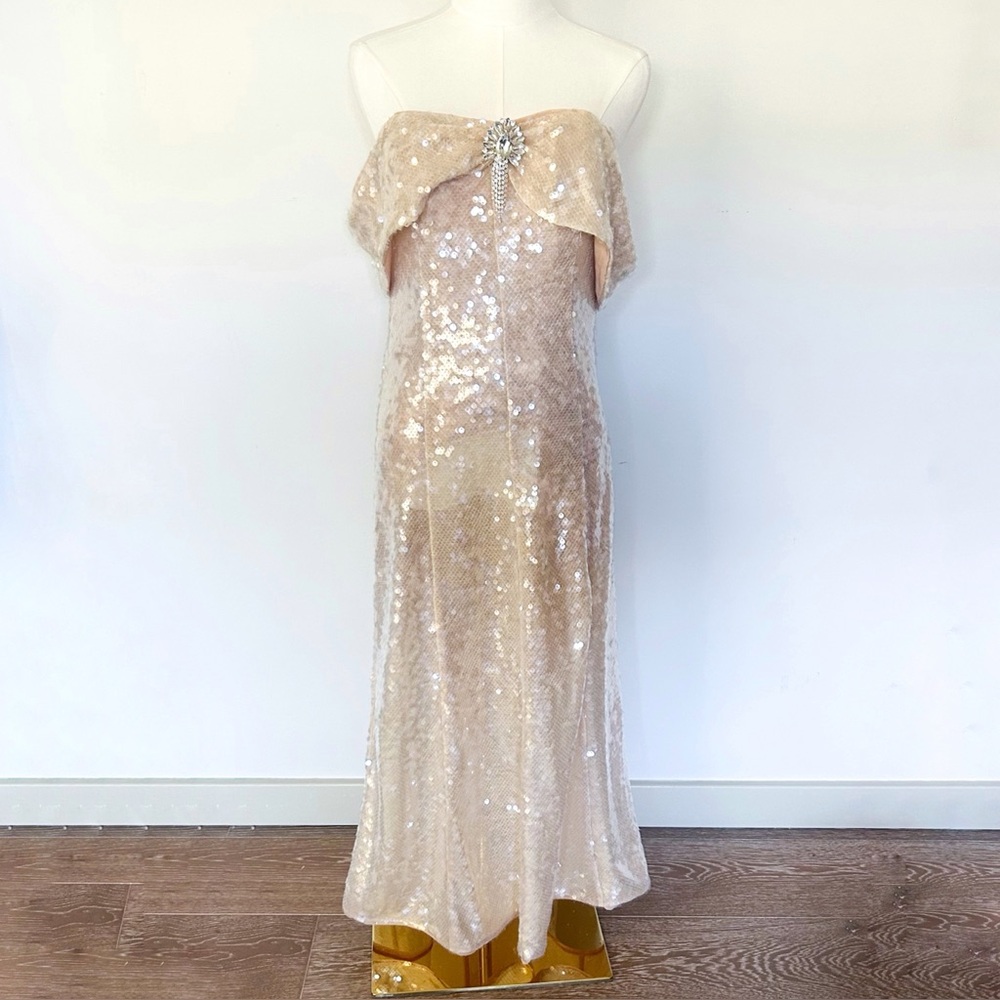 Self-Portrait Gold Sequin Off Shoulder Midi Dress Size 6 NWT Formal Party - Picture 2 of 11